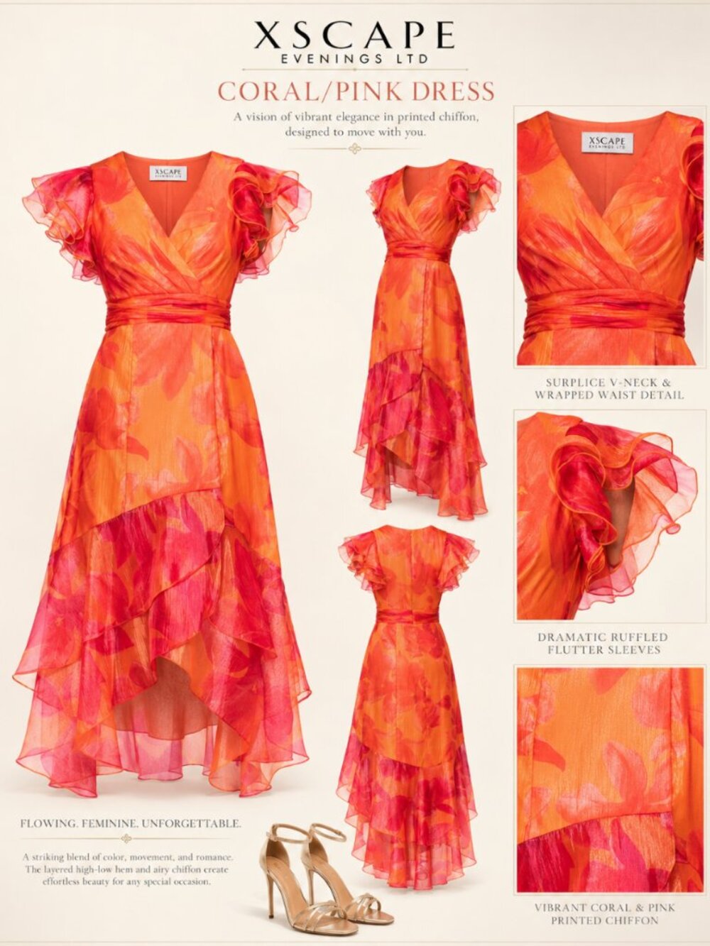 Xscape Orange & Pink Ruffled Midi Dress - Picture 2 of 6